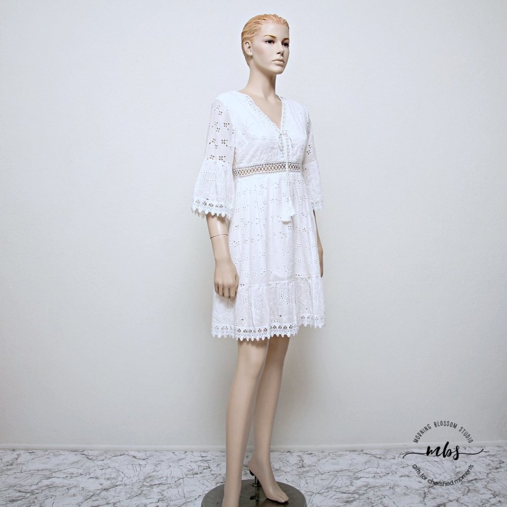 Boho Lace Eyelets 2/3 Bell Sleeve‎ Mini Dress with Tassels